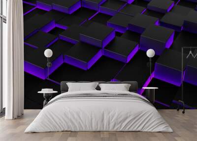 3d abstract black and neon purple color glowing background, 3d pattern surface with cube forms with glowing purple and black neon seams, modern 3d background minimalism backdrop empty space Wall mural