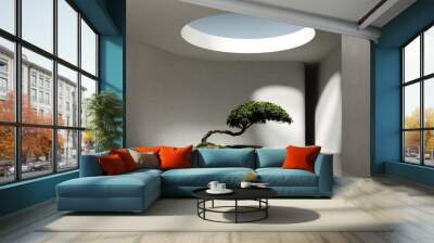 3d render of a white empty large space with a bonsai podium on a concrete floor and a round central hole in the ceiling Wall mural