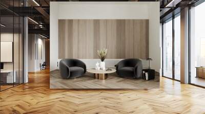 3d rendering of modern cozy living room with grey velvet armchairs, gold coffee table with decor. Decorative wall with embossed wood panels,  wooden parquet floor Wall mural