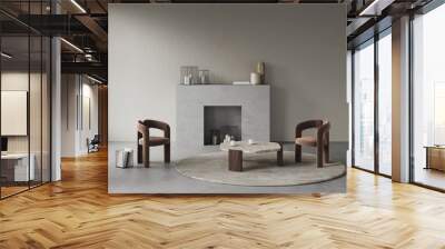 3d rendering of modern living room with concrete fireplace with decor, face sculpture and brown velvet chairs on the concrete floor. Cozy place near the fireplace.  Round carpet and coffee table  Wall mural