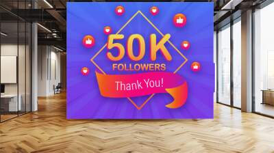 50k followers, Thank You, social sites post. Thank you followers congratulation poster. Vector illustration. Wall mural