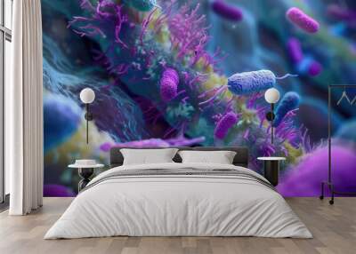 A close up of a bunch of bacteria in a purple and green color Wall mural