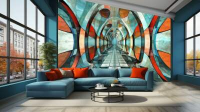 A colorful, abstract painting of a tunnel with a blue and orange stripe Wall mural