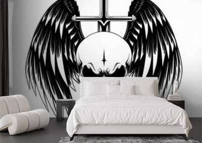 A skull with a sword and wings. Black and white vector image. Wall mural