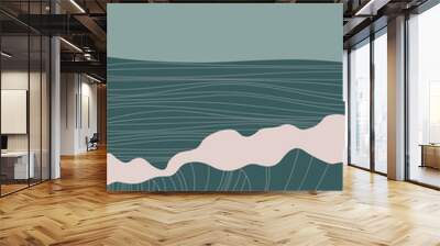 Abstract contemporary aesthetic landscape with Sun, Sea, wave, mountains. Mid century modern minimalist line art print. Background in retro asian japanese style. Vector illustrations Wall mural