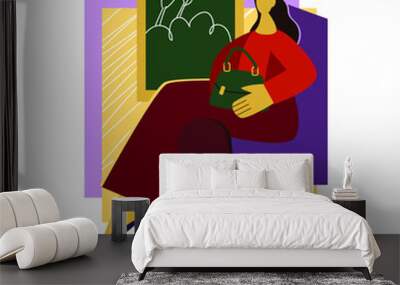 Abstract picture, a girl sits on a purple chair near the picture window. Vector illustration, printable abstraction in flat style Wall mural