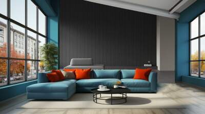 Aesthetic modern minimalist living room with a grey sofa. Decorative wall with black embossed panels, carpet on concret floor. Frame mockup Wall mural