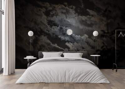 Background with night cloudy sky and full moon. Halloween Spooky night. Wall mural