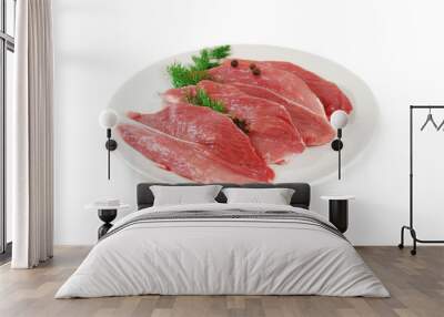 Raw Meat. Pork Steaks With Dill on a Dish Isolated against White Background Wall mural