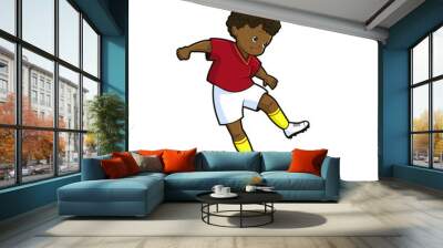 An African American teenager in the uniform of a football player kicks the ball in a jump. Vector illustration in cartoon style, black and white line art Wall mural