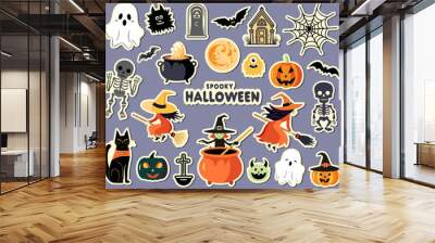 Halloween sticker set. Witch, pumpkins, ghosts, monster, skeleton. Characters and elements for halloween. Wall mural