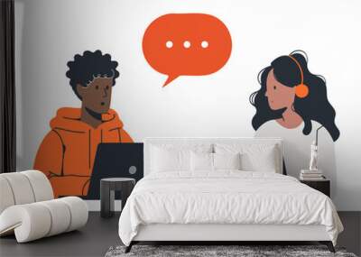 Two people work together and discuss their tasks in front of their computers. Communication. Flat style vector illustration Wall mural