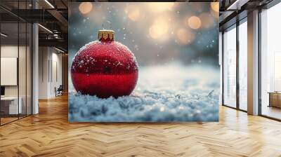 Beautiful New Year's red ball on the snow close-up Wall mural