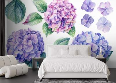 Blue hydrangea flowers, branches and leaves, watercolor painting Wall mural