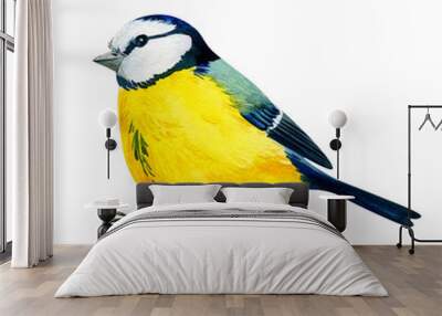 Blue tit on an isolated white background, watercolor drawing. Yellow bird Wall mural