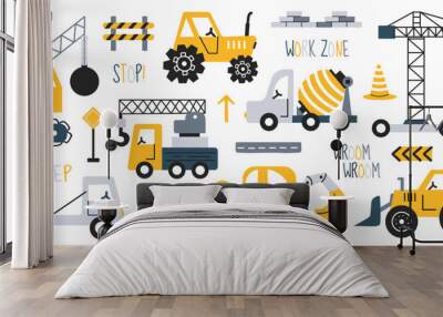 Collection of cute construction vehicles. Kids vector set with tractor, truck, concrete mixer, excavator, road wear and lettering. Set of cars in Scandinavian style. Doodle style cars.  Wall mural