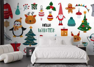 Large vector winter set. Set of New Year and Christmas objects. Collection of winter elements for scrapbooking. Christmas tree, penguin, toys, hat, gloves, reindeer. White isolated background. Wall mural