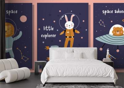 Set of cute greeting cards with space animals.  Collection of postcards with bunny, bear, lion, planets, stars, spaceships. Vector illustration, hand drawn style. Space theme, children's illustration. Wall mural