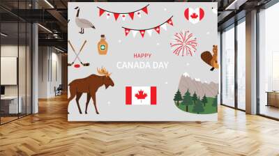 Vector set of Canadian symbols for Canada Day: totem pole, maple syrup, beaver, moose and Kagadian flag, northern bear, mountains. Gray isolated background. Flat style. Wall mural