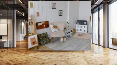 Children's room in gray tones. Toys for child piano and wooden house. Wall mural