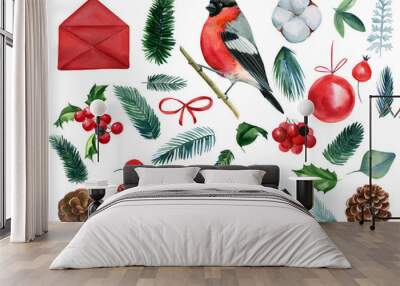 christmas set on isolated white background, watercolor drawings Wall mural