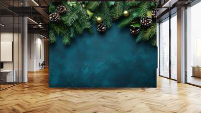 Christmas tree branches With cones background  top view  Wall mural