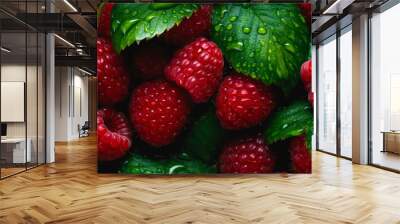 Closeup raspberries with water drops. Background design with fresh wet berries. Generative AI. Wall mural