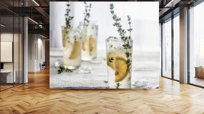 Cocktail with lemon, thyme and ice in glasses on the table. Refreshment detox cocktail or infused water Wall mural