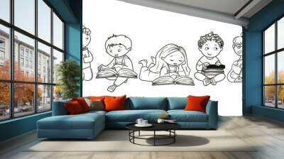 coloring book, children reading books. large set of isolated objects in the style of black and white sketch, lineart, doodle, vector illustration
 Wall mural