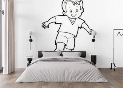 coloring book: boy soccer player kicks the ball on the soccer field. Vector illustration in cartoon style, black and white line art Wall mural