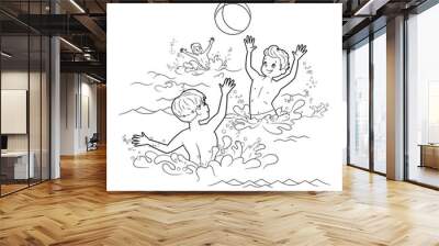 Coloring book: funny children play with a ball in the water, on the summer beach. Vector illustration in cartoon style, black and white line art for kids Wall mural