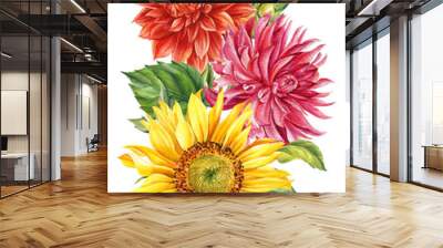 Composition of watercolor bright flowers, dahlias, sunflowers on isolated white background, hand drawing Wall mural