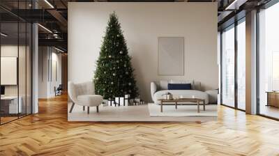 Cozy christmas living room decorated christmas pine tree, decorations, garlands, candles, beige sofa. gifts under the tree. Template, background for card. New Year celebration and xmas Wall mural