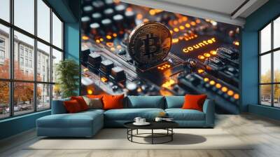 Cryptocurrency bitcoin on circuit board with glow and counter display Wall mural