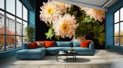 Cup of americano and bouquet of chrysanthemum flowers on a wooden table on black background. Wall mural