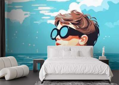 Cute boy is swimming in the sea in summer. Wall mural