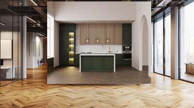 Empty classic dark green kitchen interior design with sink, furniture, utensils and decor. Kitchen island. Hallway with arch door wall design. Two big windows 3d rendering  Wall mural