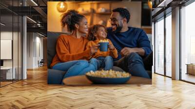 Family enjoying a cozy movie night at home with popcorn and laughter in the living room Wall mural