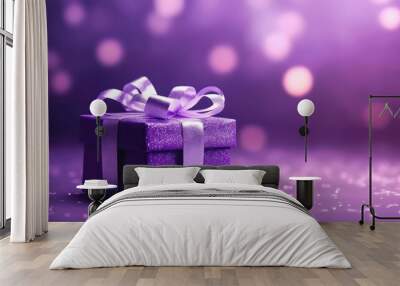 Festive banner with violet gift box on blurred purple background. Generative AI. Wall mural