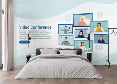 Flat illustration. Video conference. Video call between friends, chatting online by mobile app. Stay at home, work, communication remotely. Vector illustration. Wall mural