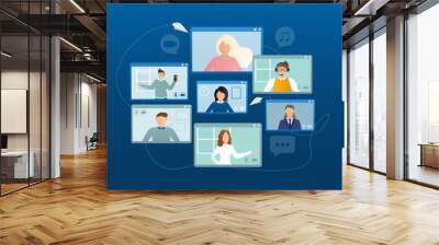 Flat illustration. Video conference. Video call between friends, chatting online by mobile app. Stay at home, work, communication remotely. Vector illustration. Wall mural