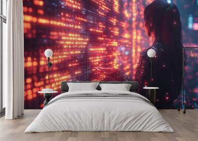 Futuristic technology concept with woman interacting with digital data wall in neon light Wall mural