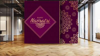 Golden text Happy Navratri on purple background with golden frame and seamless pattern with floral mandala elements. Elegant festive design for greeting card or poster for hindu festival Navratri. Wall mural