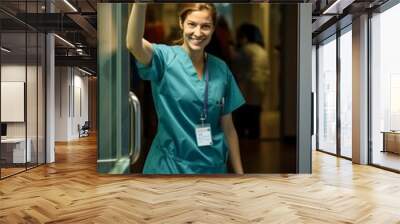 A female doctor being discharged from the hospital, smiling and waving goodbye to the medical staff Wall mural