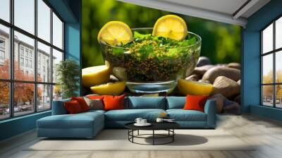 A kelp and quinoa salad in a glass bowl with a lemon wedge Wall mural