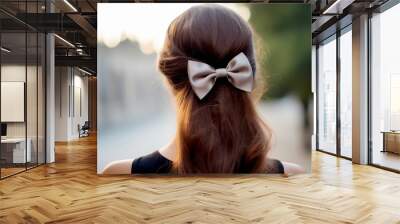 A stylish hair accessory featuring a small trendy bow worn at the back of a woman's head, adding a chic accent to her hairstyle Wall mural