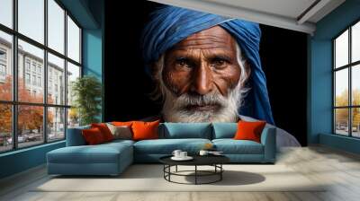 An elderly Dalit man, also in his 70s, his posture dignified despite the years of labor and struggle evident in his hands and face. Dressed in simple traditional clothing, his gaze reflects  Wall mural