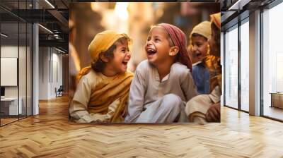 
Children in traditional attire laughing and playing together during Eid al-Fitr festivities in the vibrant streets of their community Wall mural