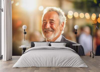 
Close-up portrait of a father in his 50s, tears of joy and pride at his child's wedding in the blurred background Wall mural