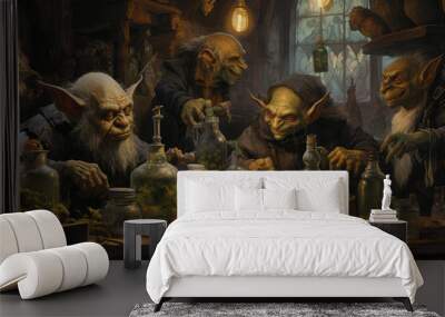 
Illustration of a goblin market, with various goblins trading magical items and potions Wall mural